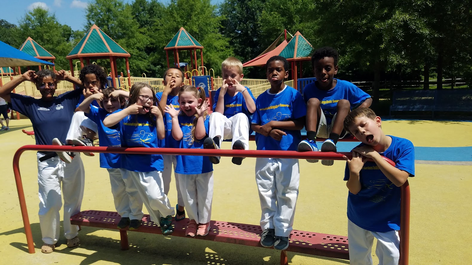 Silly faces group photo at splash pad