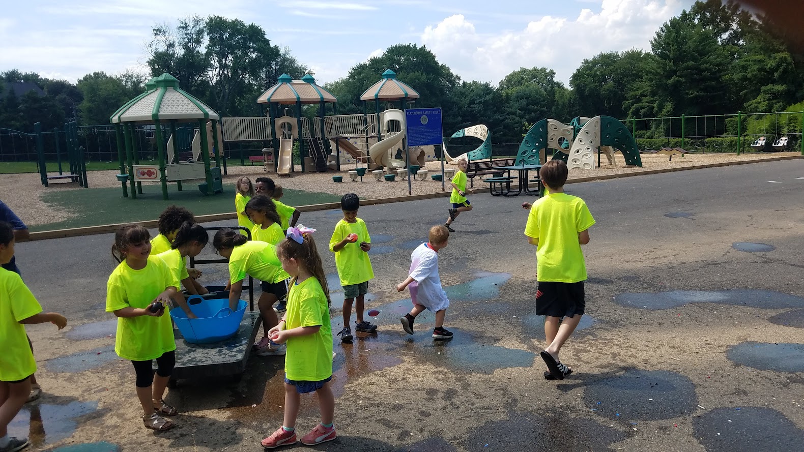 Kids on wooden bridge in forest