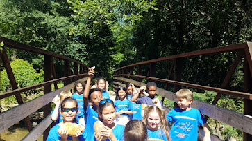 Group smiling on bridge in nature